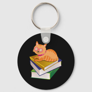 Books - Cat and Books Book Lover Gift Key Ring
