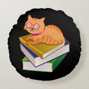 Books - Cat and Books Book Lover Gift Round Cushion