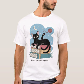 "Books, Cats, and Cosy Vibes - Whimsical Cat Lover T-Shirt