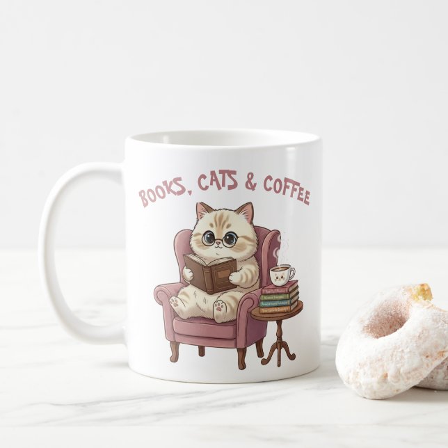 Books, Cats & Coffee Cute Cat Lover Mug (With Donut)