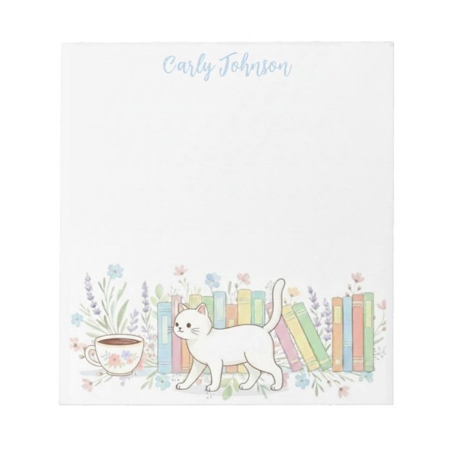 Books Cats & Coffee Floral Personalized Notepad (Front)