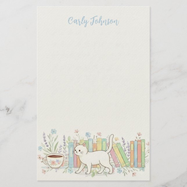 Books Cats & Coffee Floral Personalized Stationery (Front)