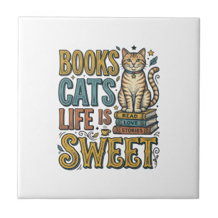 Books Cats Life Is Sweet Vintage Cat Reader Design Tile