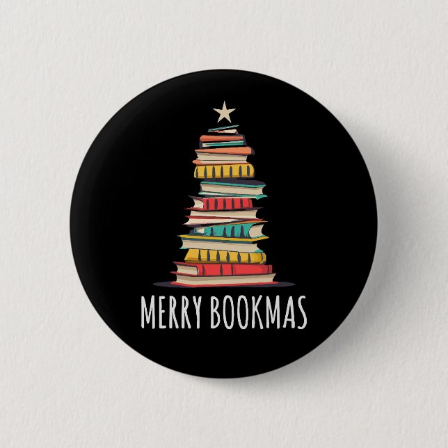 Books Christmas Tree Merry Bookmas 6 Cm Round Badge (Front)