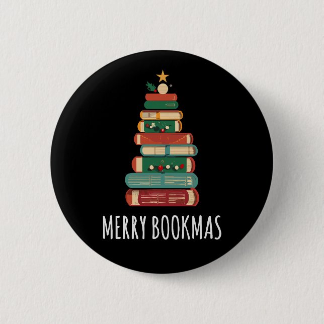 Books Christmas Tree Merry Bookmas 6 Cm Round Badge (Front)