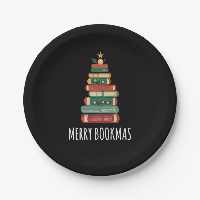 Books Christmas Tree Merry Bookmas Paper Plate (Front)