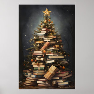 Books Christmas Tree Print, Winter Rustic Poster