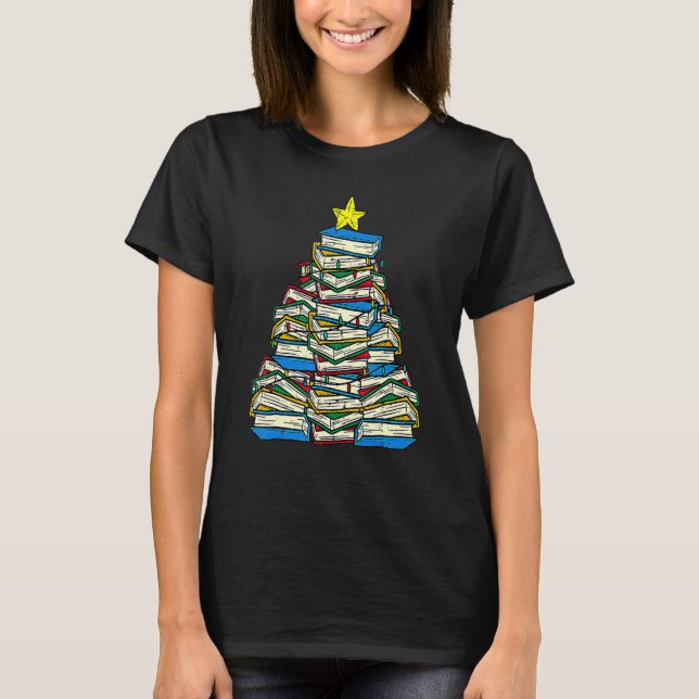 Books Christmas Tree Reading Xmas Teacher Libraria T-Shirt (Front)