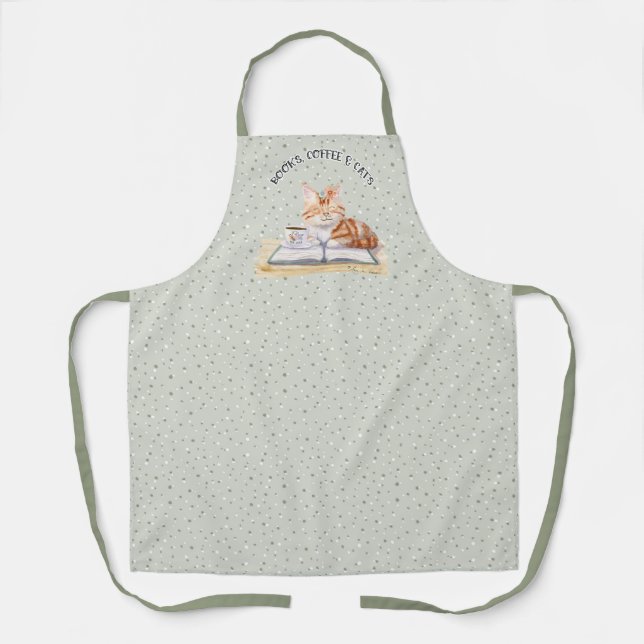 Books Coffee and Cats Cute Watercolor Sage Kitchen Apron (Front)