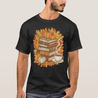 Books Coffee Fall Leaves And Pumpkins Vintage Libr T-Shirt