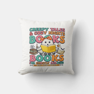Books Creepy Tales Ghost Reading Spider Web Bats Cushion