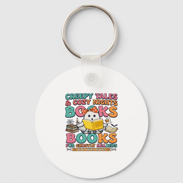 Books Creepy Tales Ghost Reading Spider Web Bats Key Ring (Front)