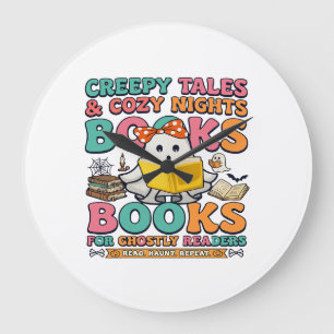 Books Creepy Tales Ghost Reading Spider Web Bats Large Clock