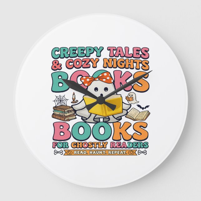 Books Creepy Tales Ghost Reading Spider Web Bats Large Clock (Front)