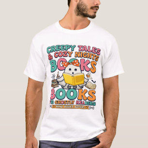 Books Creepy Tales Ghost Reading Spider Web Bats T-Shirt