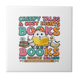 Books Creepy Tales Ghost Reading Spider Web Bats Tile