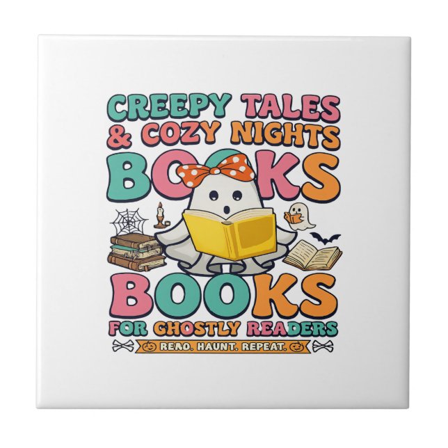 Books Creepy Tales Ghost Reading Spider Web Bats Tile (Front)