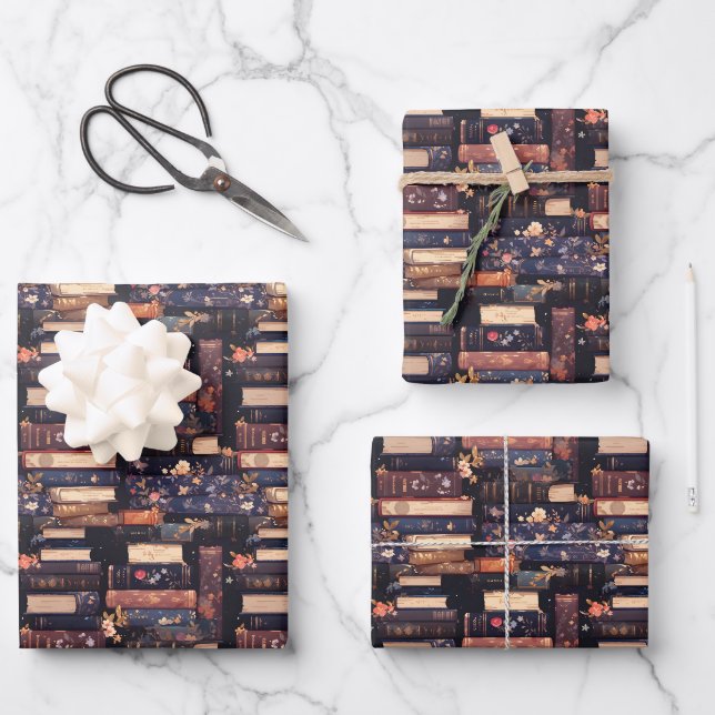 Books & Flowers on Black Wrapping Paper Sheet (Front)