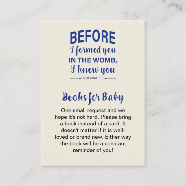 Books for Baby Bible Verse Baby Shower Blue Enclosure Card (Front)
