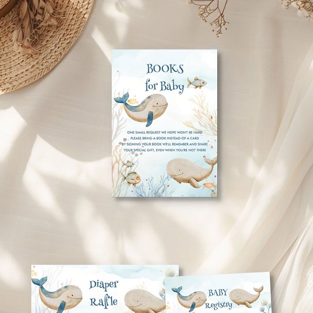Books for Baby Blue Beige Whale Baby Shower Enclosure Card (Book Request Cards from the Whale Baby Shower Collection by Darling & May)