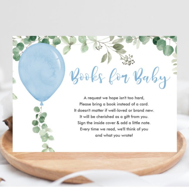 Books for baby boy blue balloons eucalyptus enclosure card (Creator Uploaded)