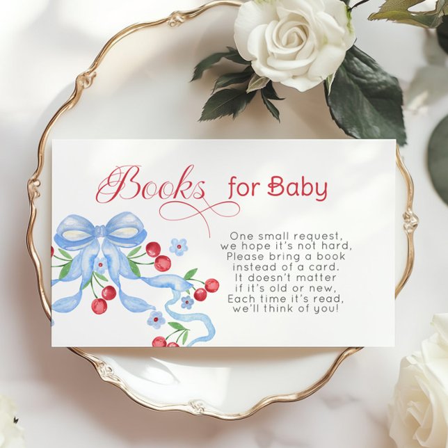 Books for baby Cherry Blue Bow Baby shower Enclosure Card (Creator Uploaded)