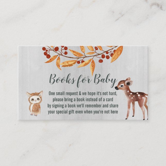 Books For baby/Diaper Raffle Woodland Animals Business Card (Front)