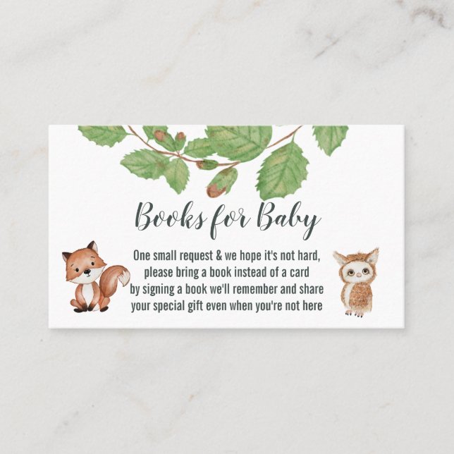 Books For baby/Diaper Raffle Woodland Animals Business Card (Front)