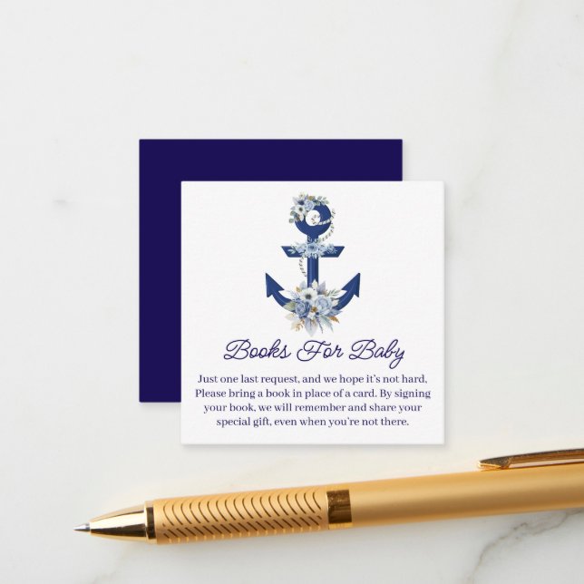 books for baby, floral nautical boy baby shower  enclosure card (Front/Back In Situ)