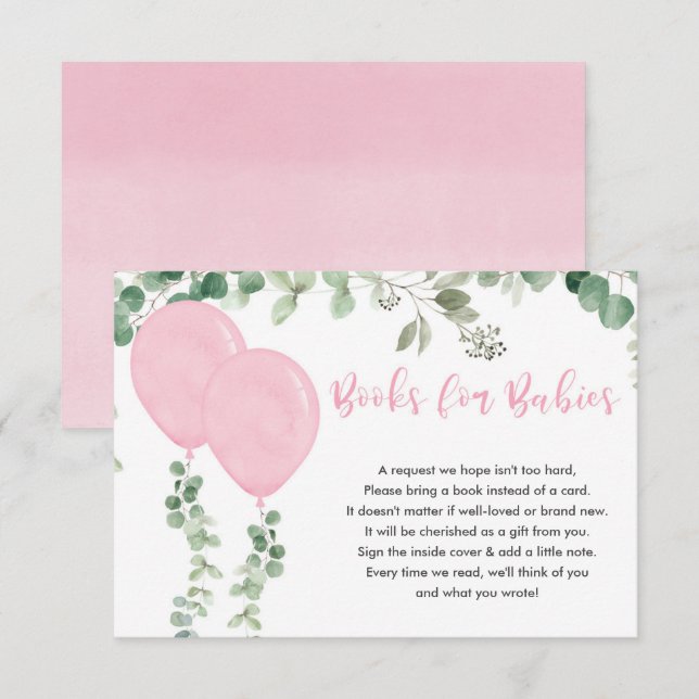 Books for baby girl twins pink balloons eucalyptus enclosure card (Front/Back)