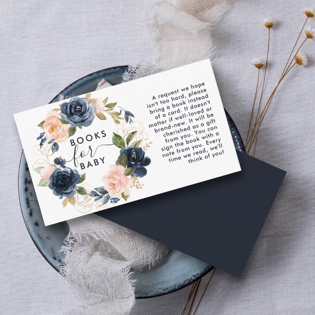 Books for Baby Navy Blush Floral Wreath Shower Enclosure Card (A unique baby shower idea is for the host to request books instead of cards with baby gifts.)