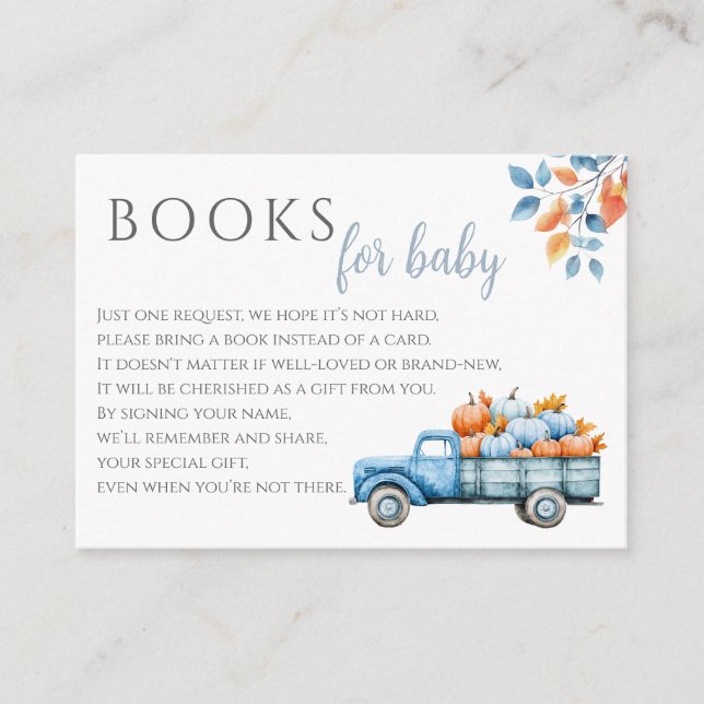 Books For Baby Pumpkin Blue Boy Baby Shower Enclosure Card (Front)