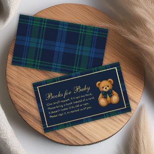 Books for Baby Shower Teddy Bear Blue Green Plaid Business Card