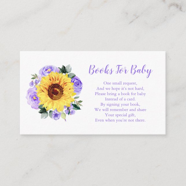 Books For Baby Sunflower Purple Floral Baby Shower Enclosure Card (Front)