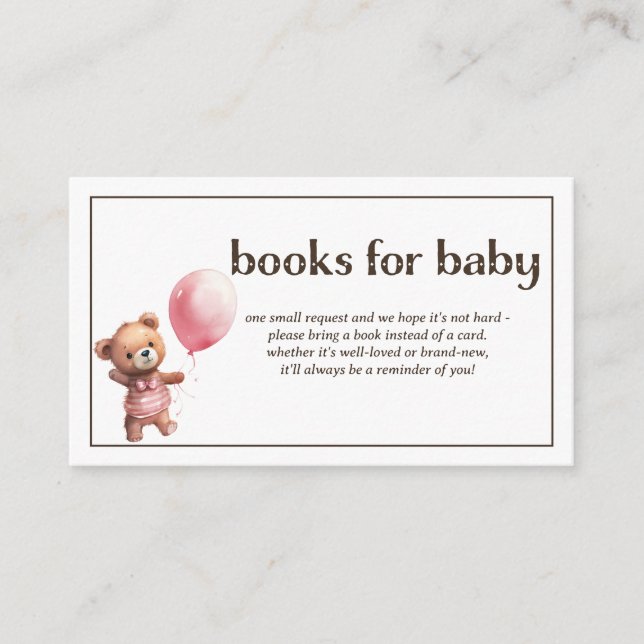 Books For Baby Teddy Bear Baby Girl Shower Enclosure Card (Front)