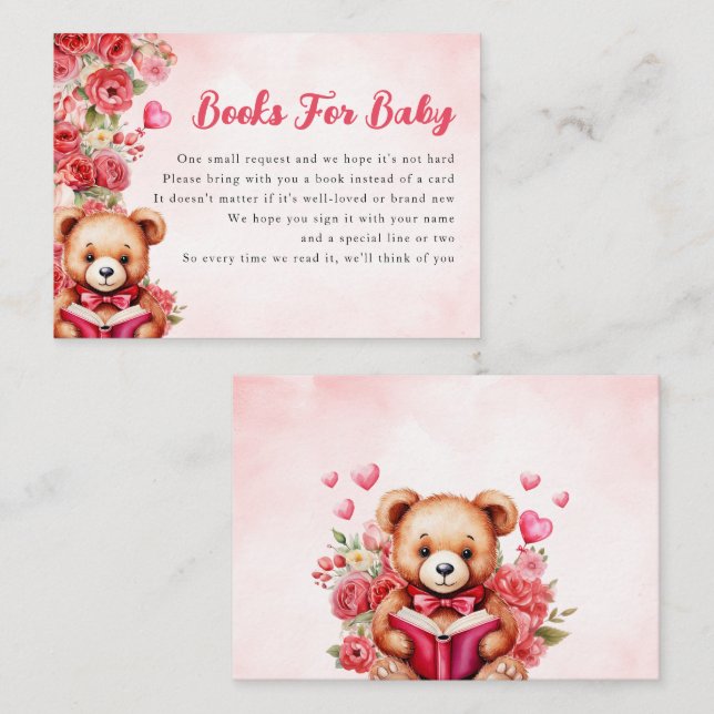 Books For Baby Teddy Bear Baby Shower Floral Pink Enclosure Card (Front/Back)