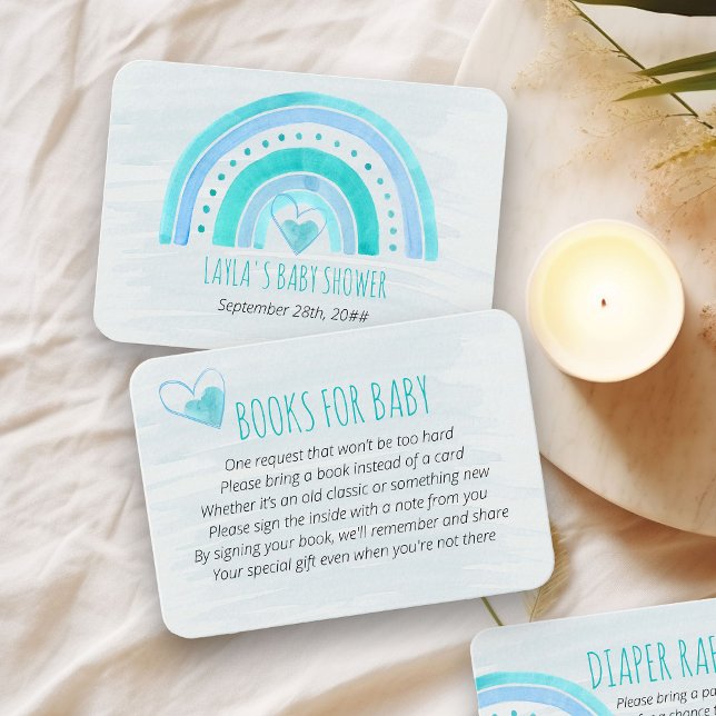 Books for Baby Turquoise Rainbow Baby Shower Enclosure Card (Books for Baby request card with blue rainbow)