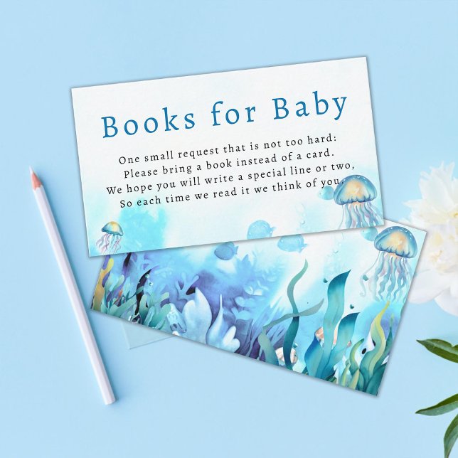 Books for Baby Under the Sea Blue Boy Baby Shower Enclosure Card (books for baby under the sea enclosure card boy baby shower watercolor jellyfish seaweed fish blue)
