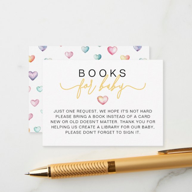 Books for Baby Watercolor Hearts Baby Shower Enclosure Card (Front/Back In Situ)