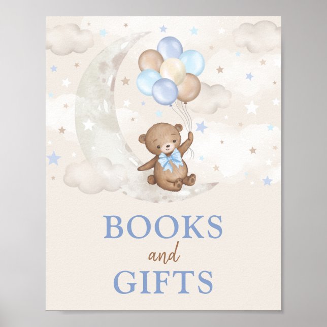Books & Gifts Moon Teddy Bear Blue Brown Balloons Poster (Front)