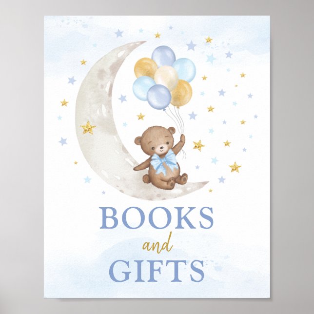 Books & Gifts Moon Teddy Bear Blue Gold Balloons Poster (Front)
