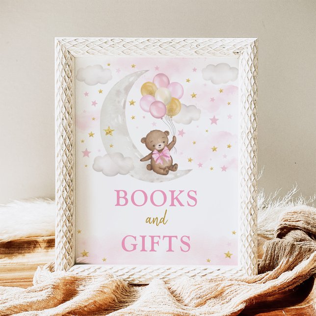 Books & Gifts Moon Teddy Bear Pink Gold Balloons Poster (Creator Uploaded)