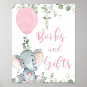 Books gifts pink elephant balloon baby shower sign