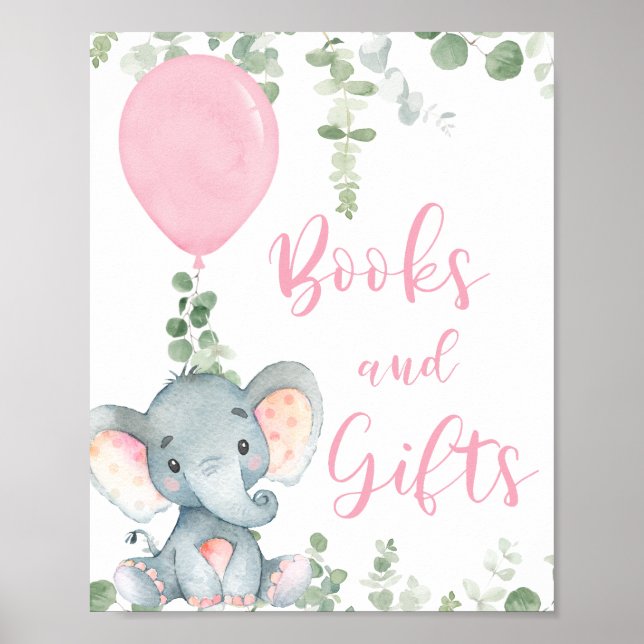 Books gifts pink elephant balloon baby shower sign (Front)