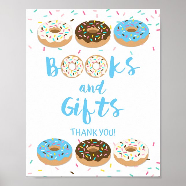 Books & Gifts Shower Table Sign Blue Doughnuts (Front)