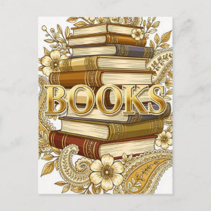 Books Gold Tone Art Readers Writers Bibliophiles Postcard