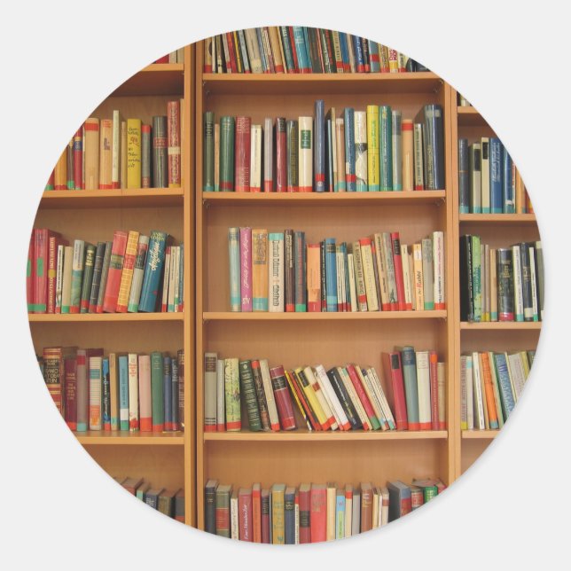 Books in the bookshelf classic round sticker (Front)