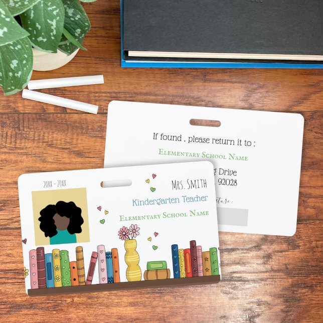 Books Kindergarten Teacher White Photo ID Badge (Kindergarten teacher white photo ID horizontal badge with a watercolor bookshelf .)