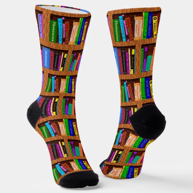 Books Library Bright Bookshelf Pattern for Readers Socks (Angled)