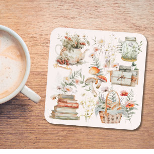 Books Mushroom Floral Whimsical Cottagecore Art Coaster